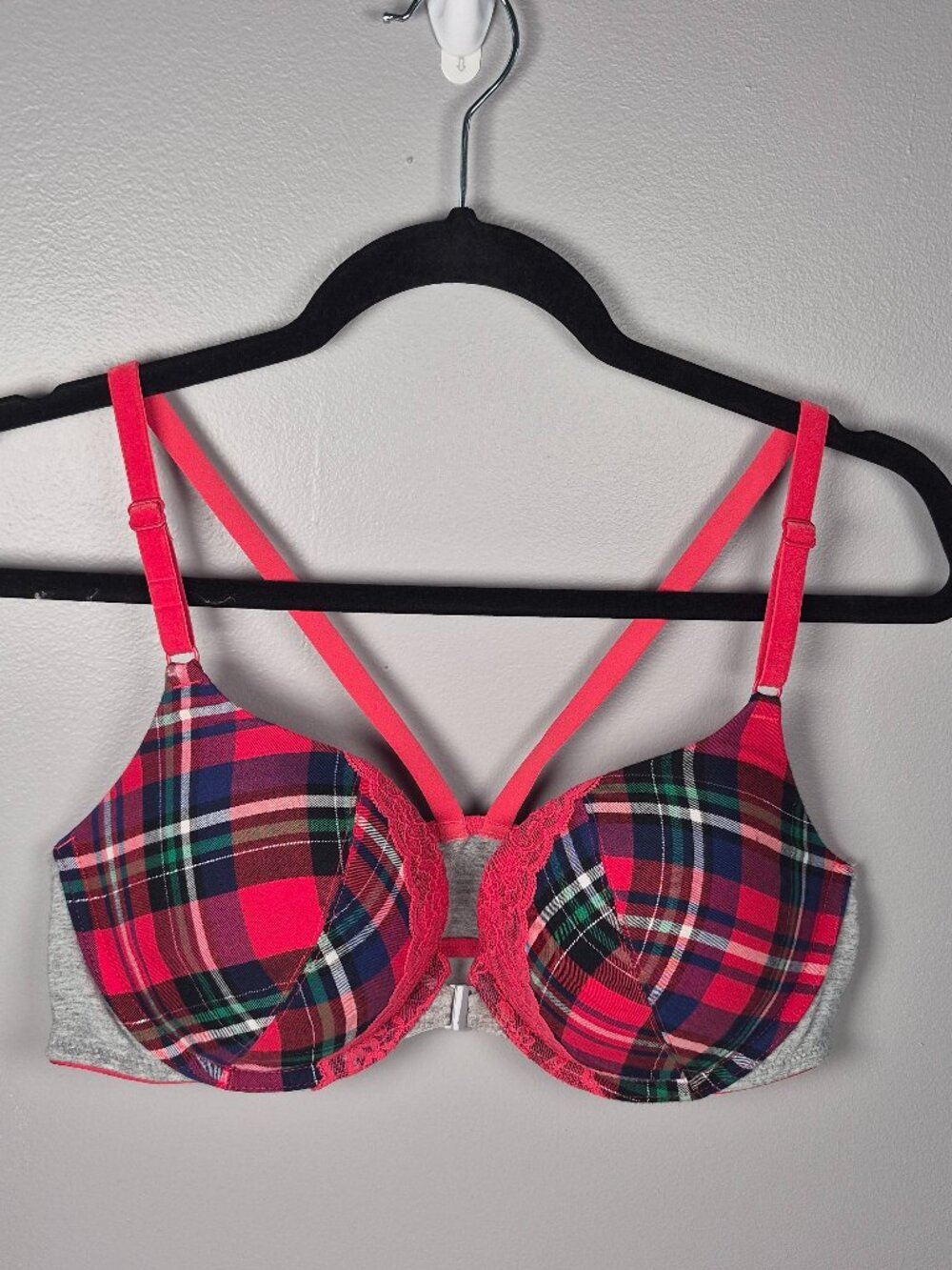 Victoria's Secret Push-Up Bra Women 38C Red Plaid Front Close Lace